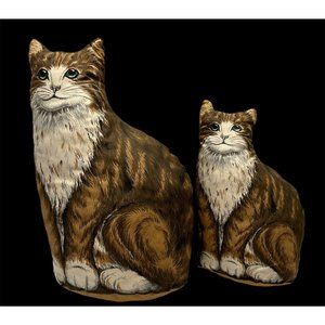 2 Vintage 80s Tabby Cat Cloth Toy Doll Stuffed Pillow Green Eyes Mom Baby